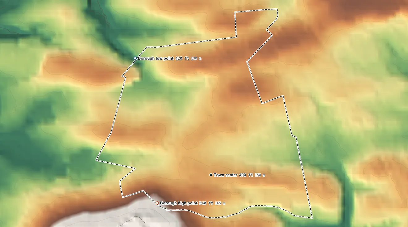 Topographic elevation map of Penbrook, Pennsylvania, shaded from 420 ft on the northwest side to 540 ft on the southwest side