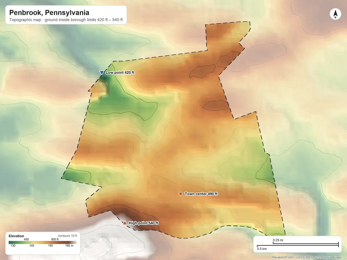 Topographic elevation map of Penbrook, Pennsylvania, shaded from 420 ft on the northwest side to 540 ft on the southwest side