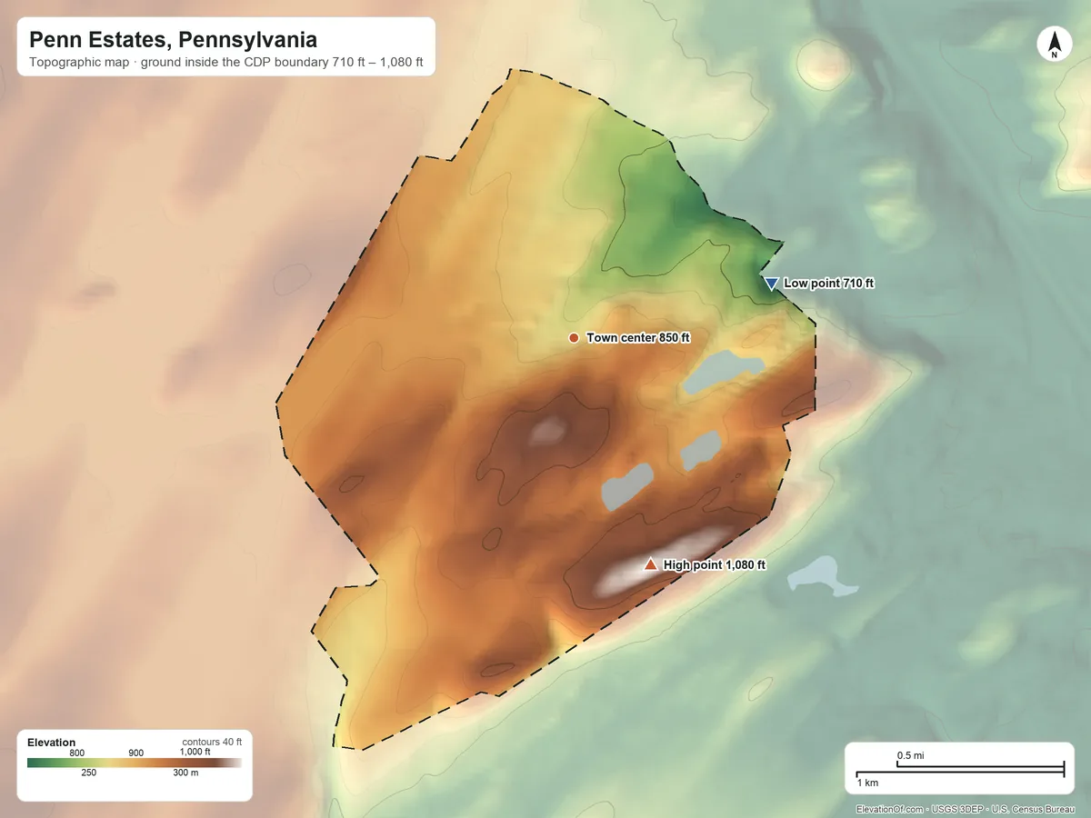 Topographic elevation map of Penn Estates, Pennsylvania, shaded from 710 ft on the east side to 1,080 ft on the south side