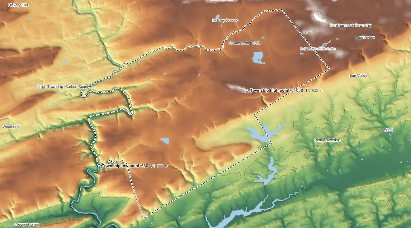 Topographic elevation map of Penn Forest Township, Pennsylvania, shaded from 660 ft on the southwest side to 2,050 ft near the middle