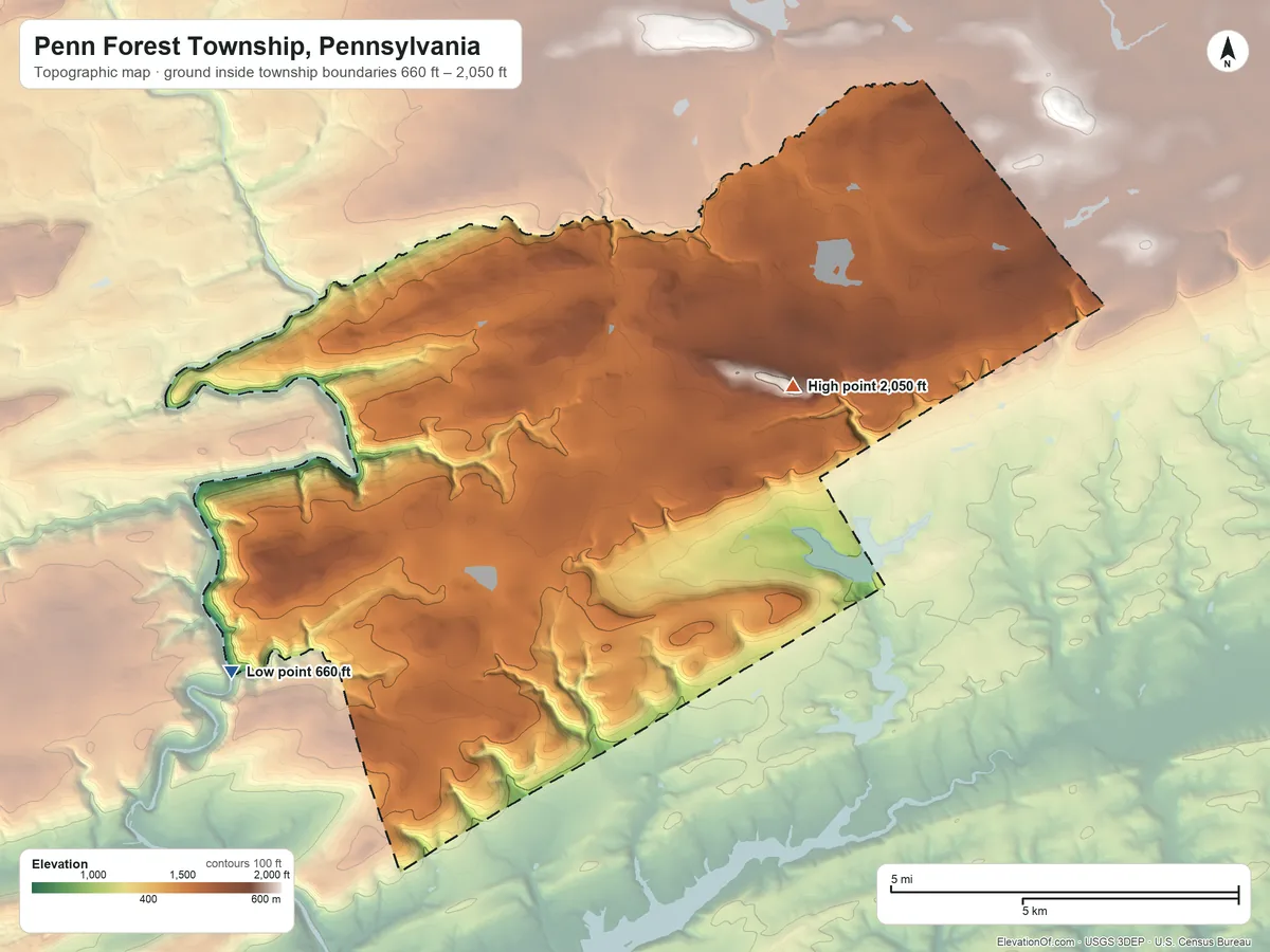 Topographic elevation map of Penn Forest Township, Pennsylvania, shaded from 660 ft on the southwest side to 2,050 ft near the middle