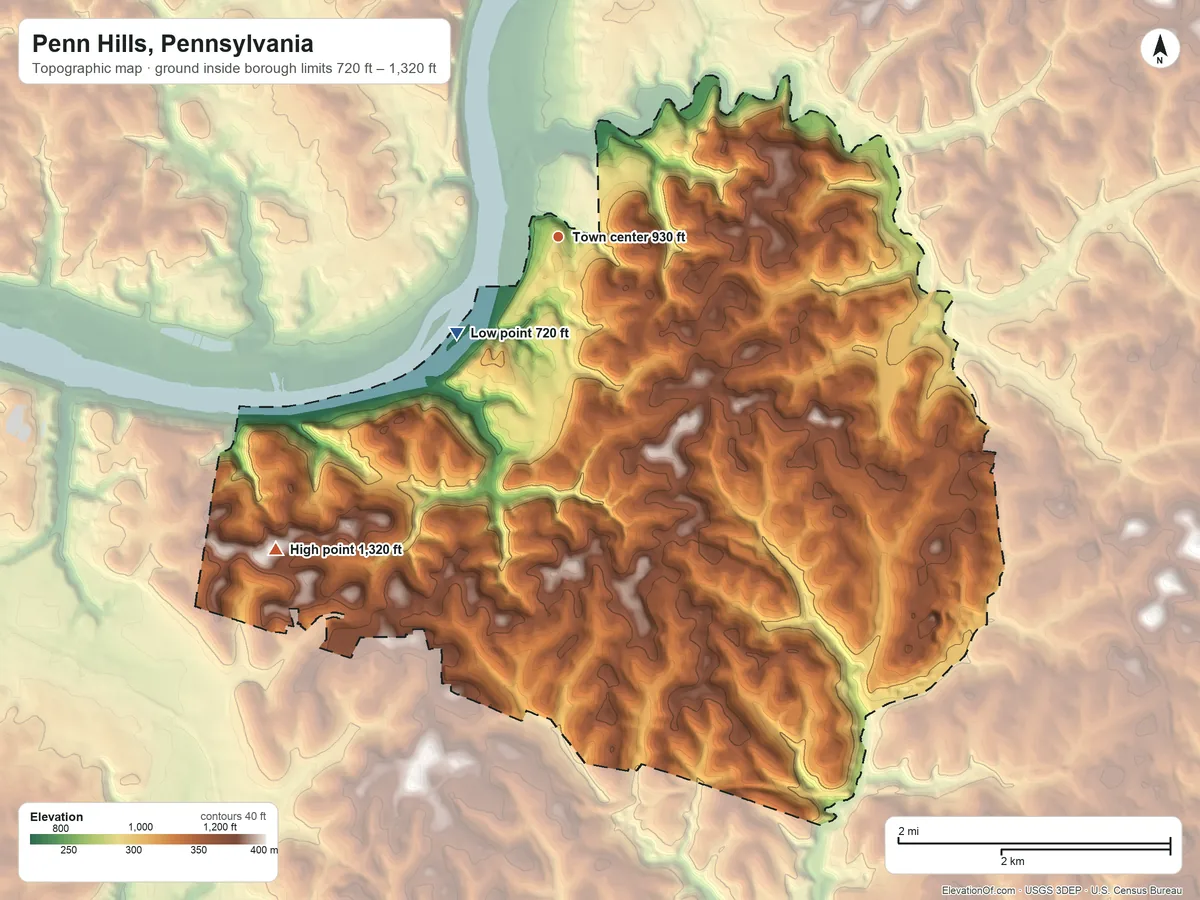Topographic elevation map of Penn Hills, Pennsylvania, shaded from 720 ft on the southwest side to 1,320 ft on the southwest side