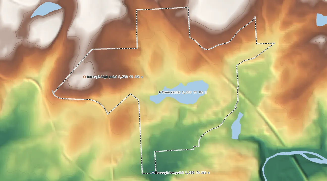 Topographic elevation map of Penn Lake Park, Pennsylvania, shaded from 1,250 ft on the south side to 1,520 ft on the west side