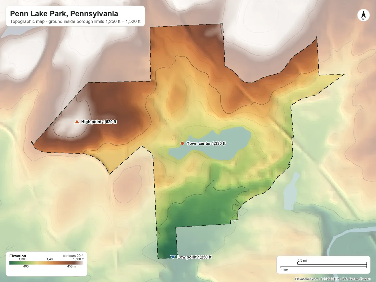 Topographic elevation map of Penn Lake Park, Pennsylvania, shaded from 1,250 ft on the south side to 1,520 ft on the west side