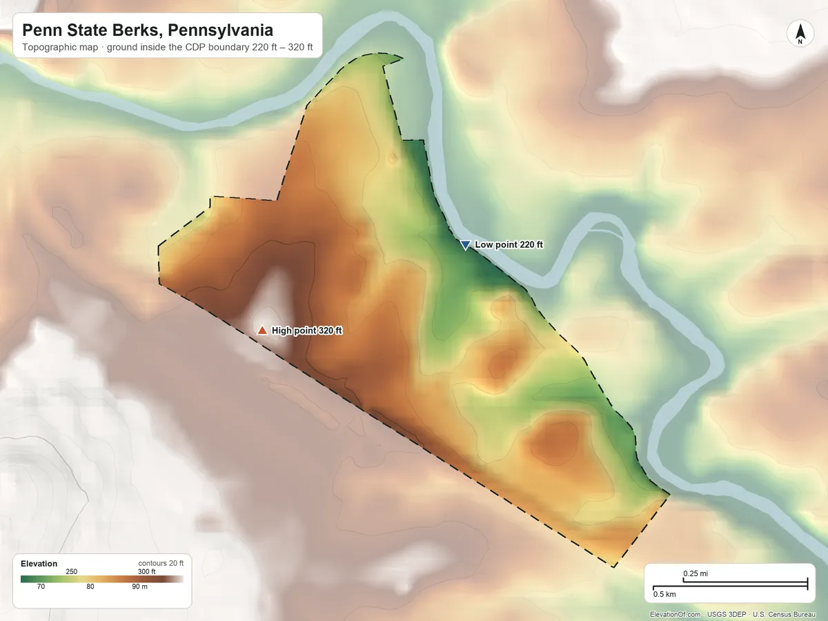 Topographic elevation map of Penn State Berks, Pennsylvania, shaded from 220 ft on the north side to 320 ft on the west side