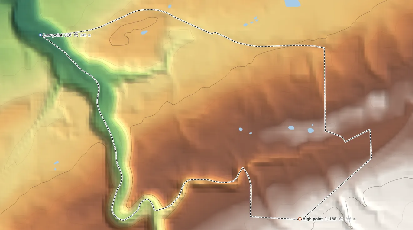 Topographic elevation map of Penn State Erie (Behrend), Pennsylvania, shaded from 810 ft on the northwest side to 1,180 ft on the southeast side