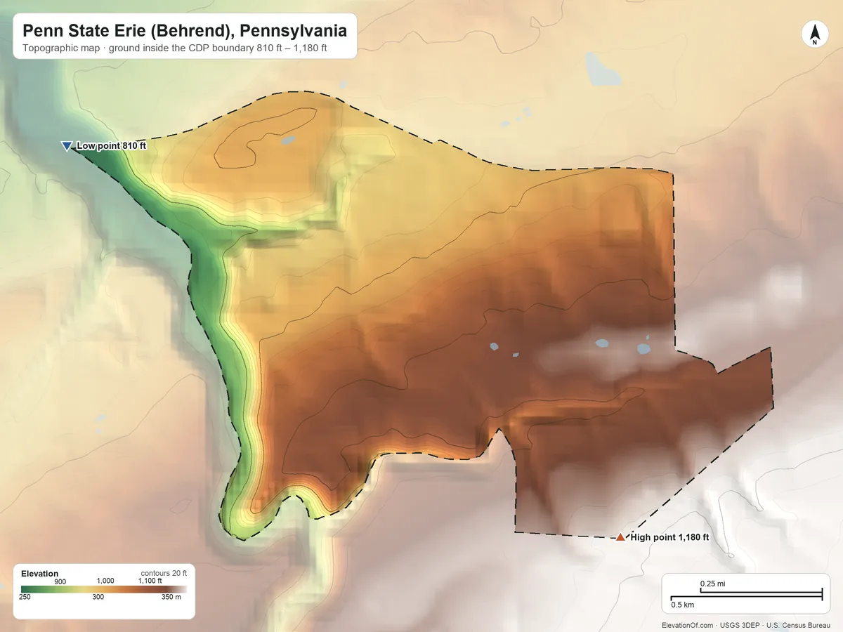 Topographic elevation map of Penn State Erie (Behrend), Pennsylvania, shaded from 810 ft on the northwest side to 1,180 ft on the southeast side