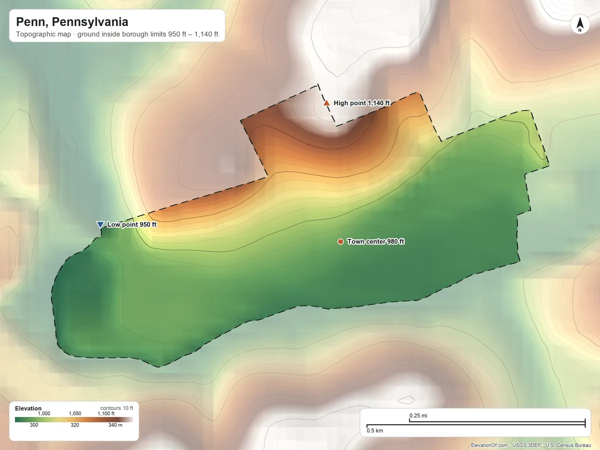 Topographic elevation map of Penn, Pennsylvania, shaded from 950 ft on the west side to 1,140 ft on the north side