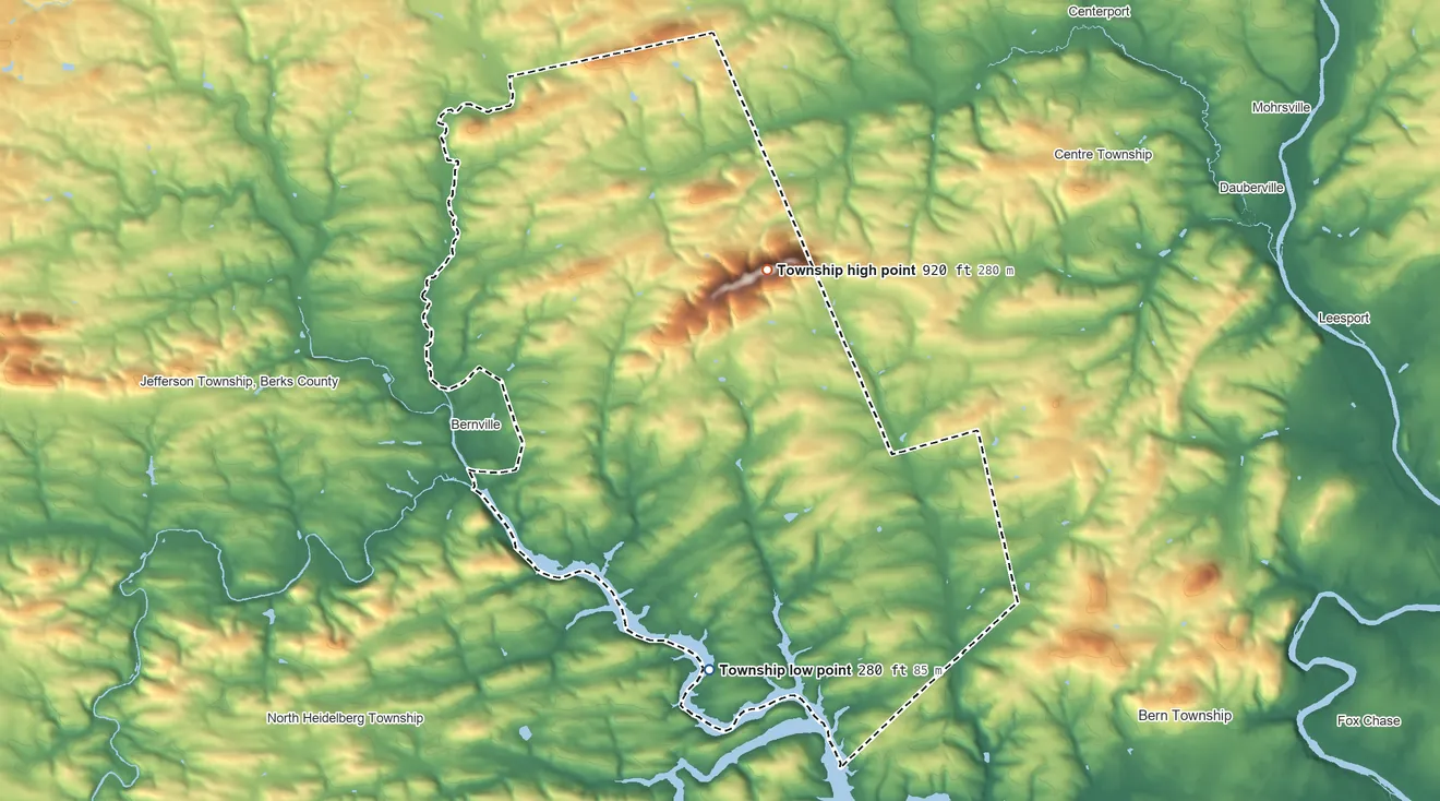 Topographic elevation map of Penn Township, Berks County, Pennsylvania, shaded from 280 ft on the south side to 920 ft on Scull Hill
