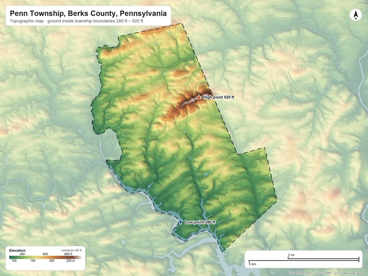 Topographic elevation map of Penn Township, Berks County, Pennsylvania, shaded from 280 ft on the south side to 920 ft on Scull Hill