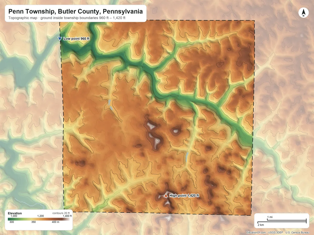 Topographic elevation map of Penn Township, Butler County, Pennsylvania, shaded from 960 ft on the northwest side to 1,420 ft on the south side