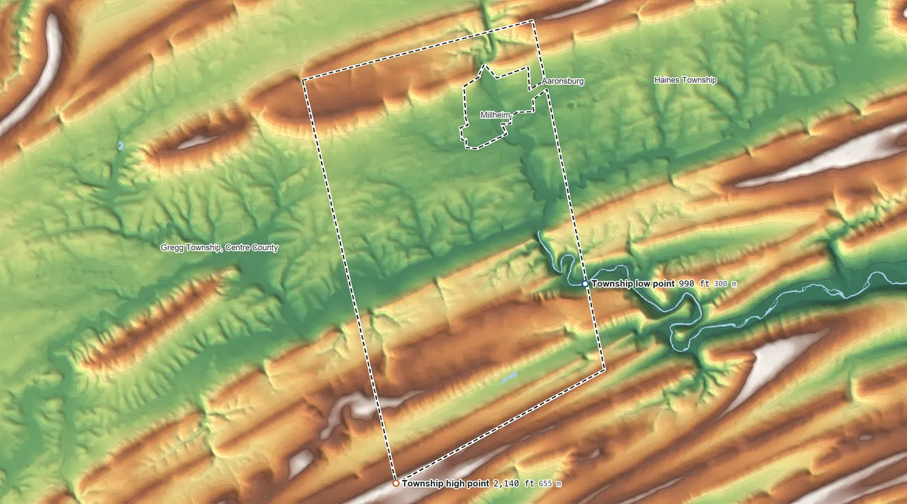Topographic elevation map of Penn Township, Centre County, Pennsylvania, shaded from 990 ft on the southeast side to 2,140 ft on the south side