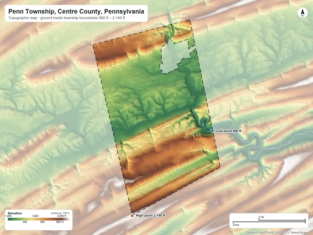 Topographic elevation map of Penn Township, Centre County, Pennsylvania, shaded from 990 ft on the southeast side to 2,140 ft on the south side