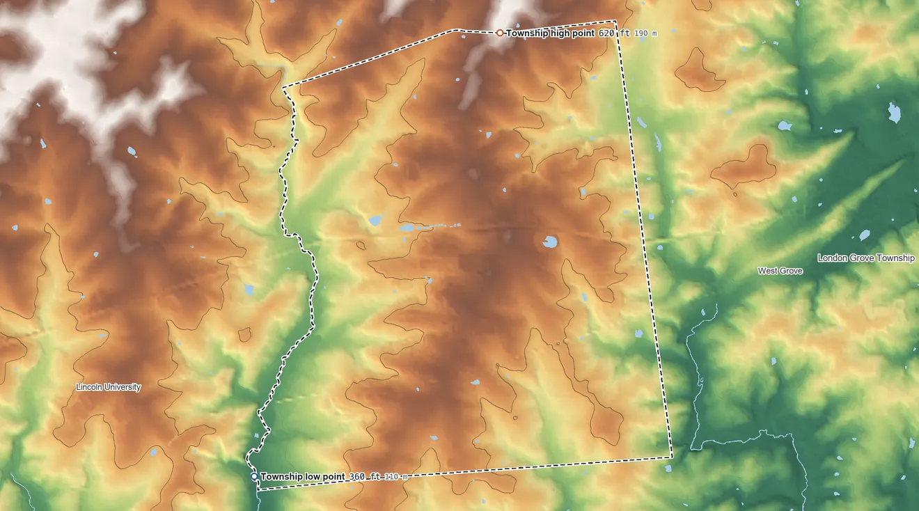 Topographic elevation map of Penn Township, Chester County, Pennsylvania, shaded from 360 ft on the southwest side to 620 ft on the north side