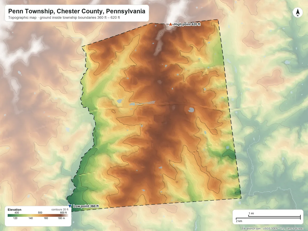 Topographic elevation map of Penn Township, Chester County, Pennsylvania, shaded from 360 ft on the southwest side to 620 ft on the north side