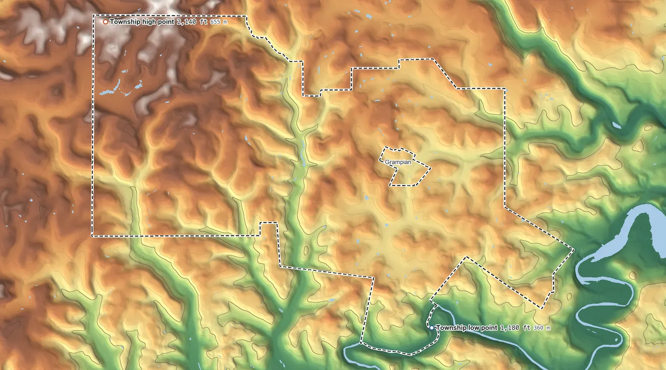 Topographic elevation map of Penn Township, Clearfield County, Pennsylvania, shaded from 1,180 ft on the south side to 2,140 ft on the northwest side