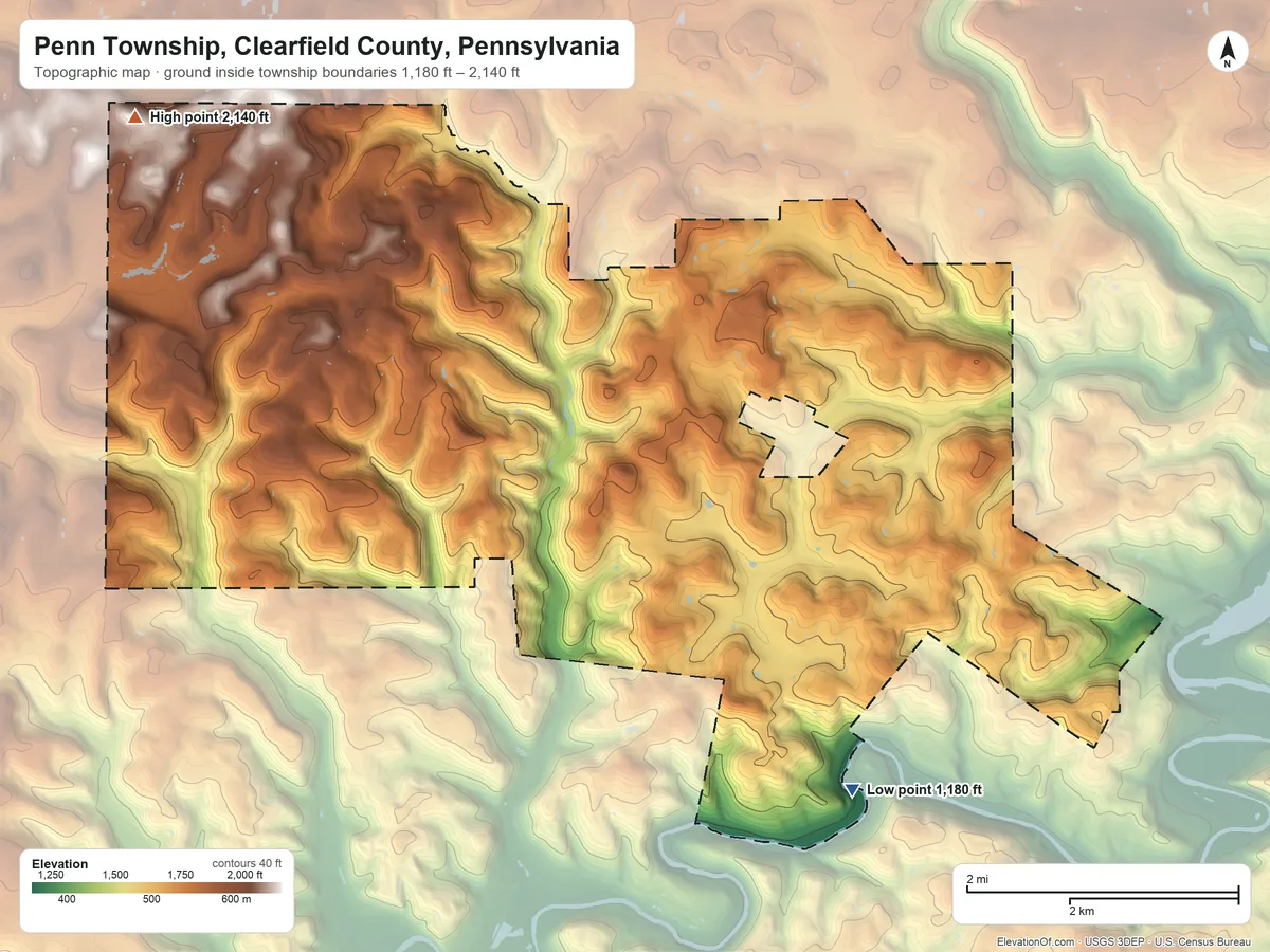 Topographic elevation map of Penn Township, Clearfield County, Pennsylvania, shaded from 1,180 ft on the south side to 2,140 ft on the northwest side