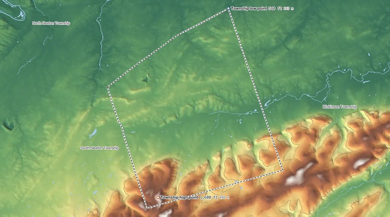 Topographic elevation map of Penn Township, Cumberland County, Pennsylvania, shaded from 540 ft on the north side to 1,600 ft on Chimney Rocks