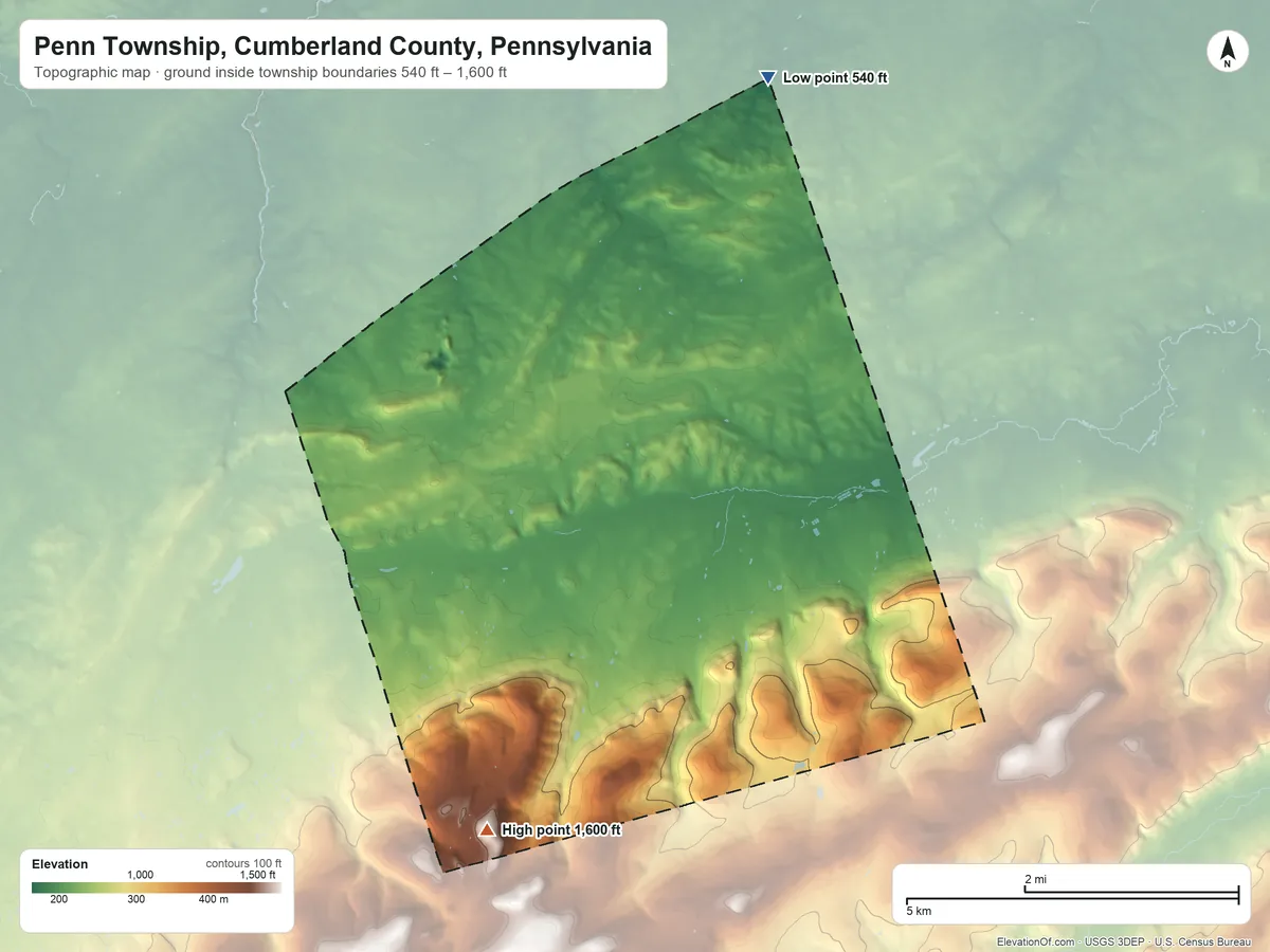 Topographic elevation map of Penn Township, Cumberland County, Pennsylvania, shaded from 540 ft on the north side to 1,600 ft on Chimney Rocks