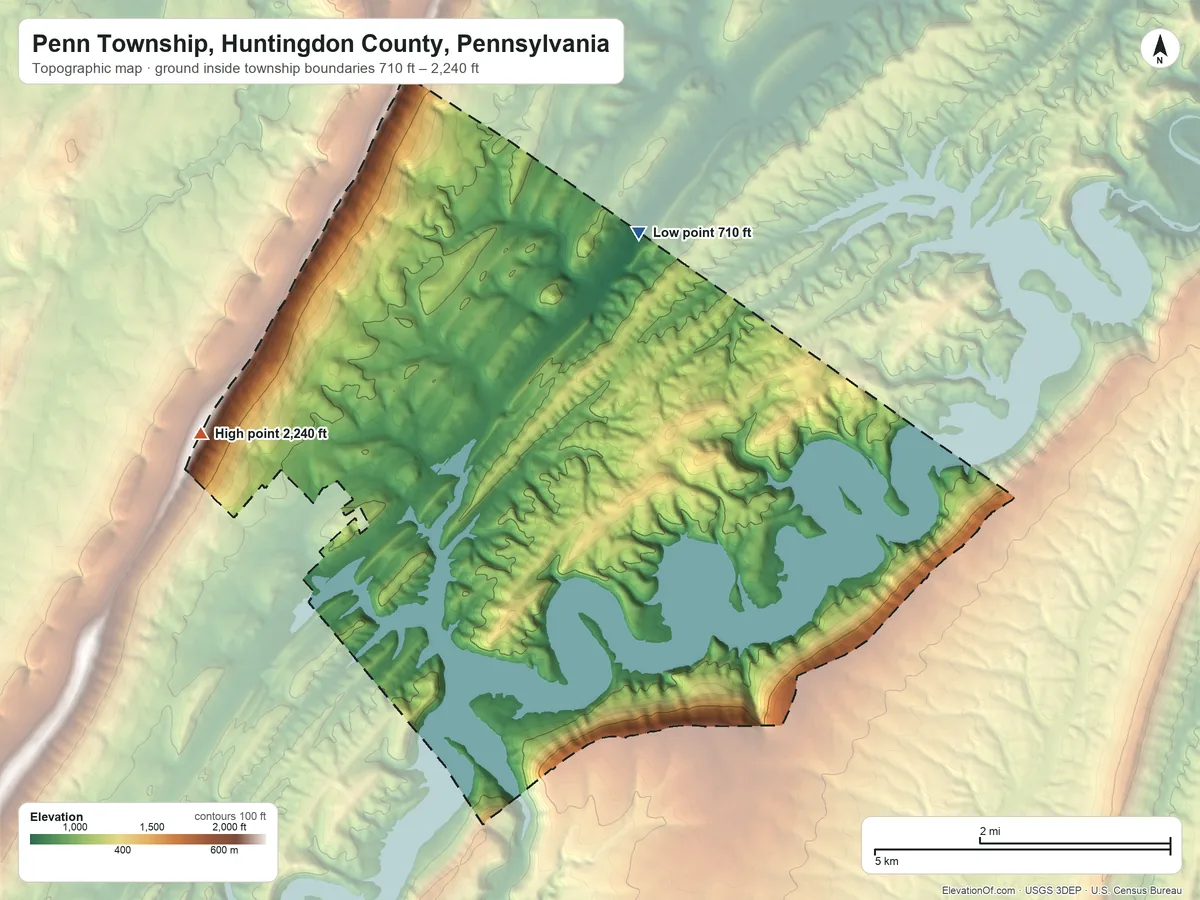 Topographic elevation map of Penn Township, Huntingdon County, Pennsylvania, shaded from 710 ft on the northeast side to 2,240 ft on the west side