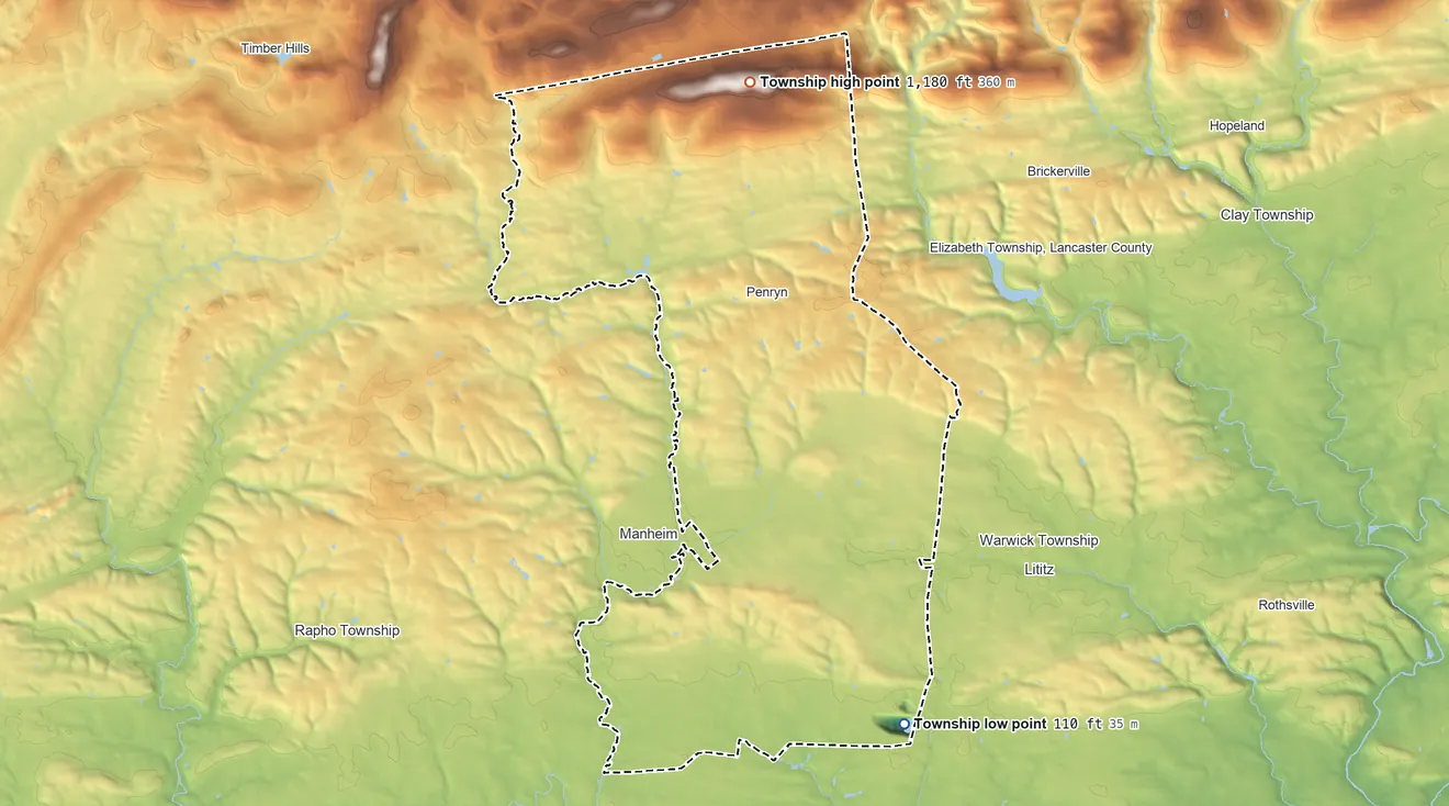 Topographic elevation map of Penn Township, Lancaster County, Pennsylvania, shaded from 110 ft on the southeast side to 1,180 ft on the north side