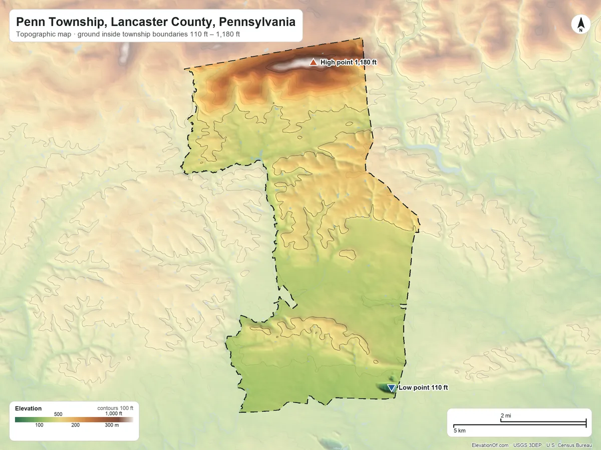 Topographic elevation map of Penn Township, Lancaster County, Pennsylvania, shaded from 110 ft on the southeast side to 1,180 ft on the north side