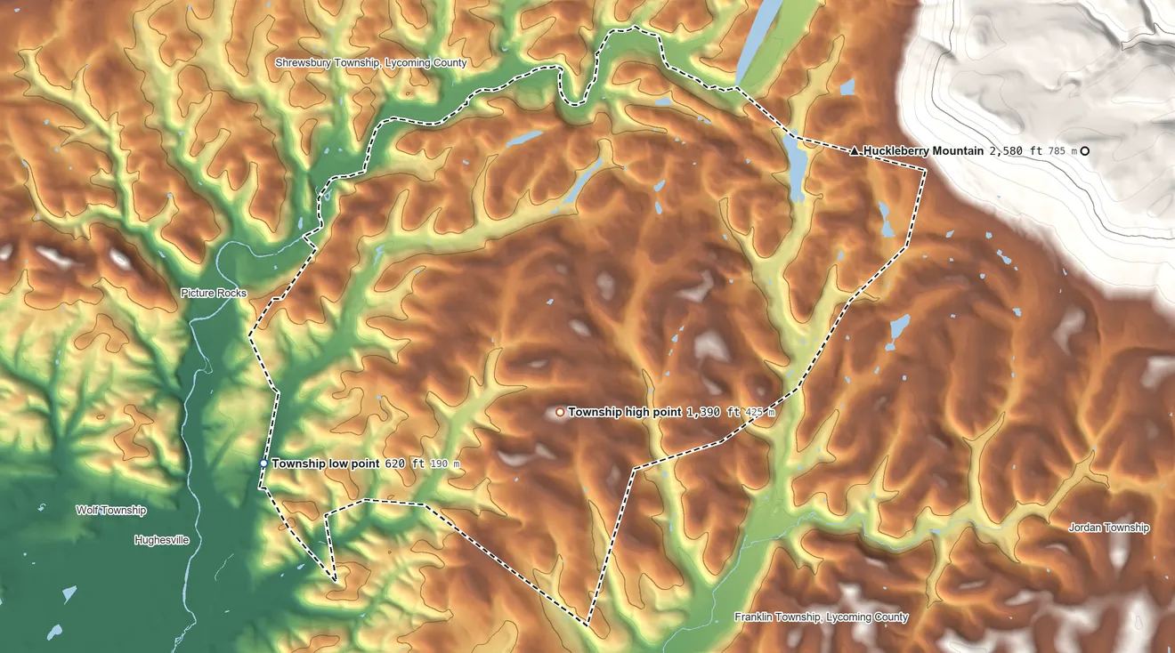 Topographic elevation map of Penn Township, Lycoming County, Pennsylvania, shaded from 620 ft on the southwest side to 1,390 ft on the south side