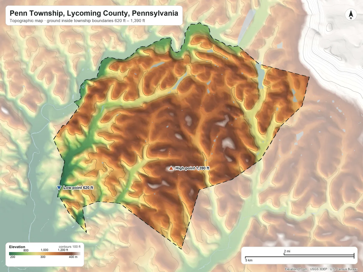 Topographic elevation map of Penn Township, Lycoming County, Pennsylvania, shaded from 620 ft on the southwest side to 1,390 ft on the south side