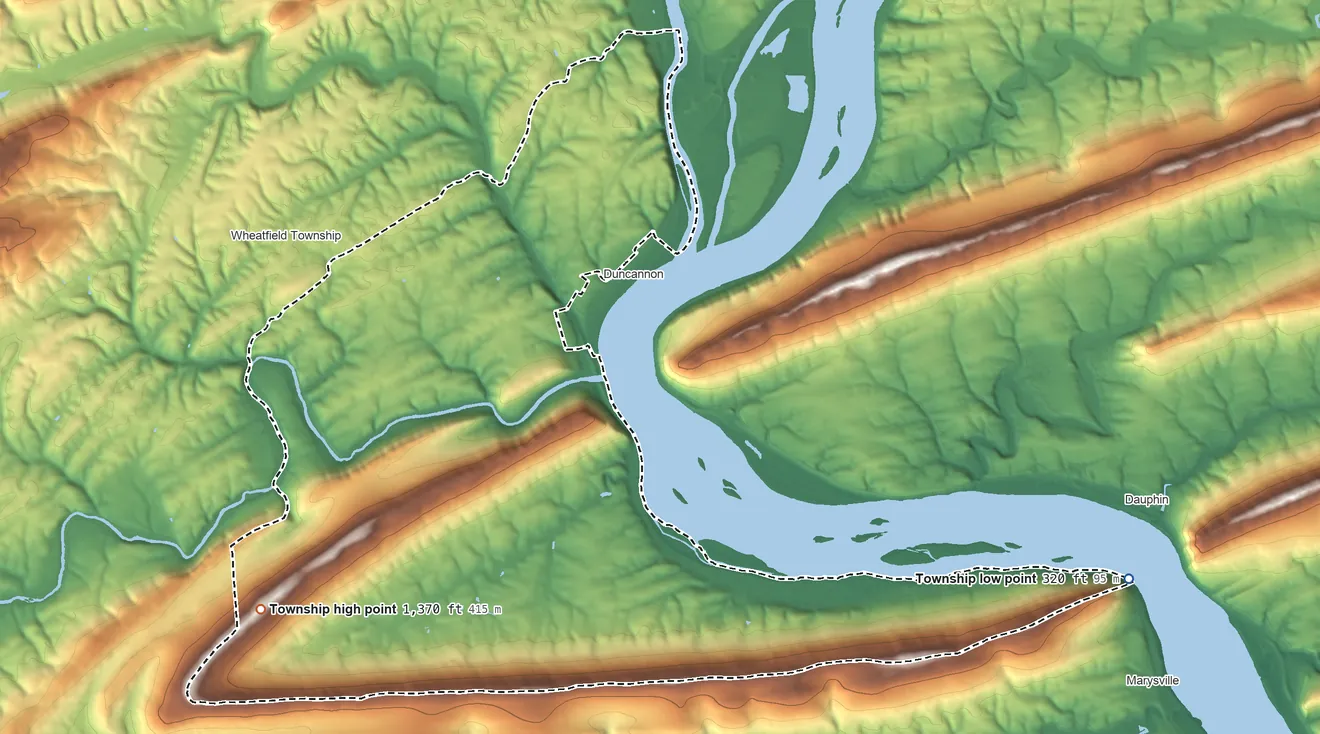 Topographic elevation map of Penn Township, Perry County, Pennsylvania, shaded from 320 ft on the east side to 1,370 ft on the southwest side