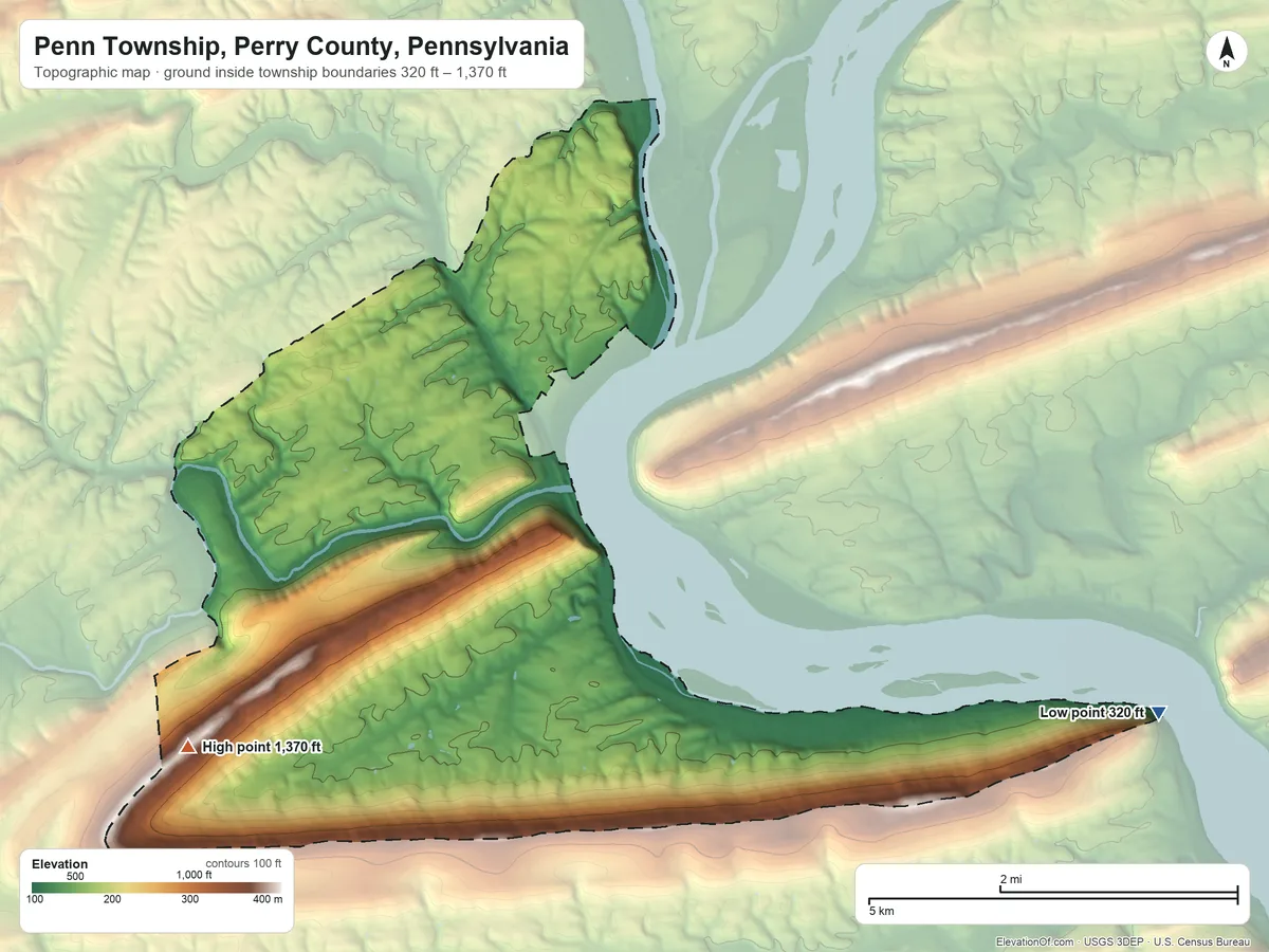 Topographic elevation map of Penn Township, Perry County, Pennsylvania, shaded from 320 ft on the east side to 1,370 ft on the southwest side