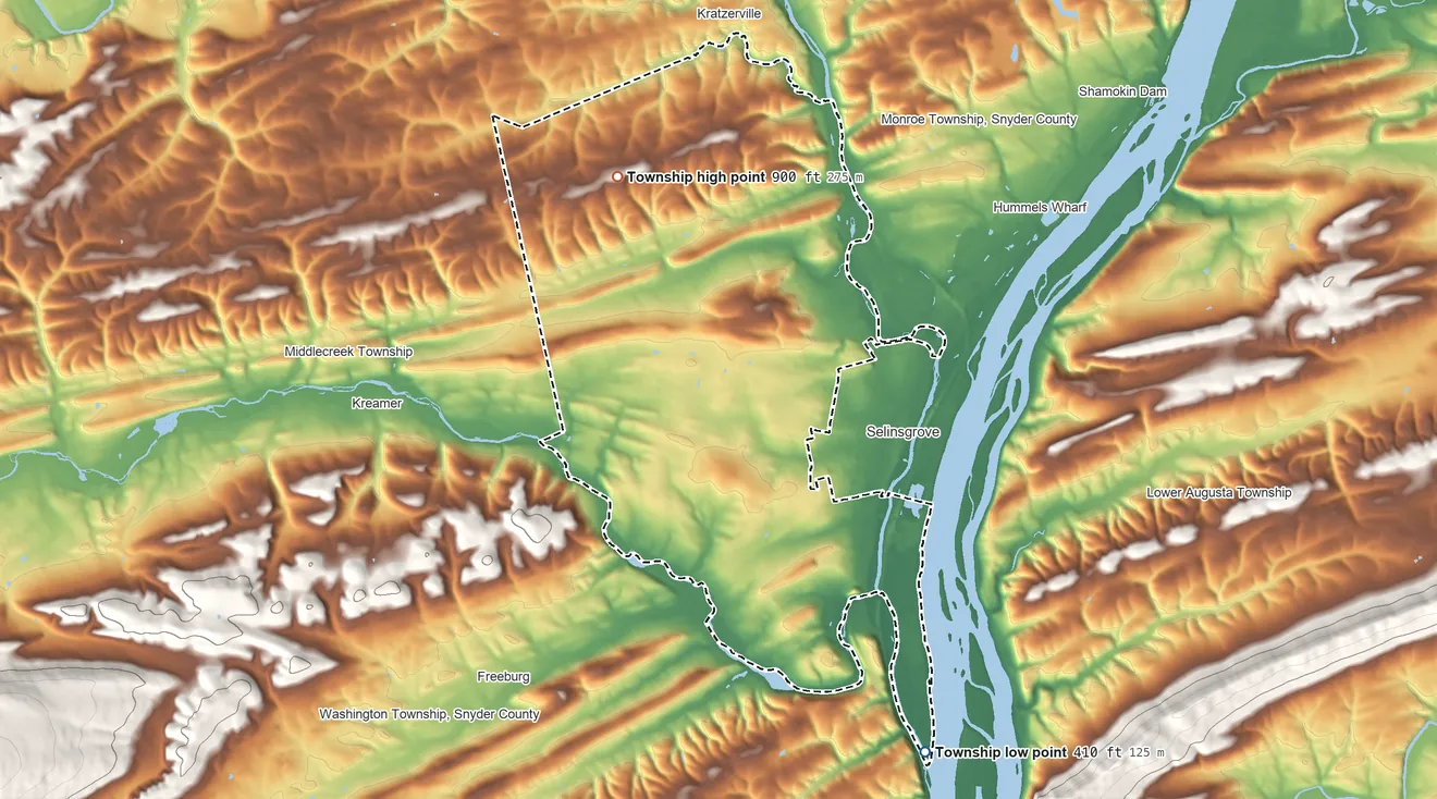 Topographic elevation map of Penn Township, Snyder County, Pennsylvania, shaded from 410 ft on the southeast side to 900 ft on the northwest side