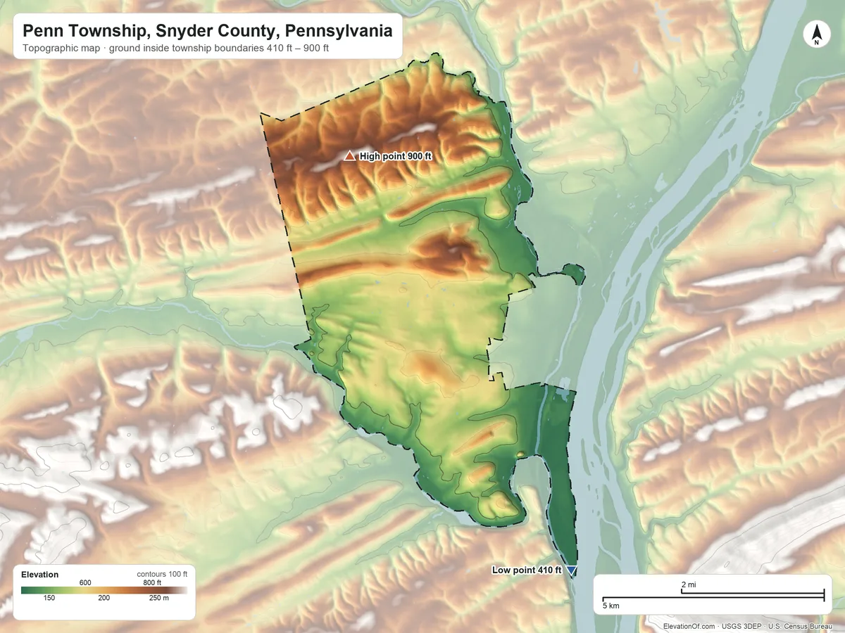 Topographic elevation map of Penn Township, Snyder County, Pennsylvania, shaded from 410 ft on the southeast side to 900 ft on the northwest side