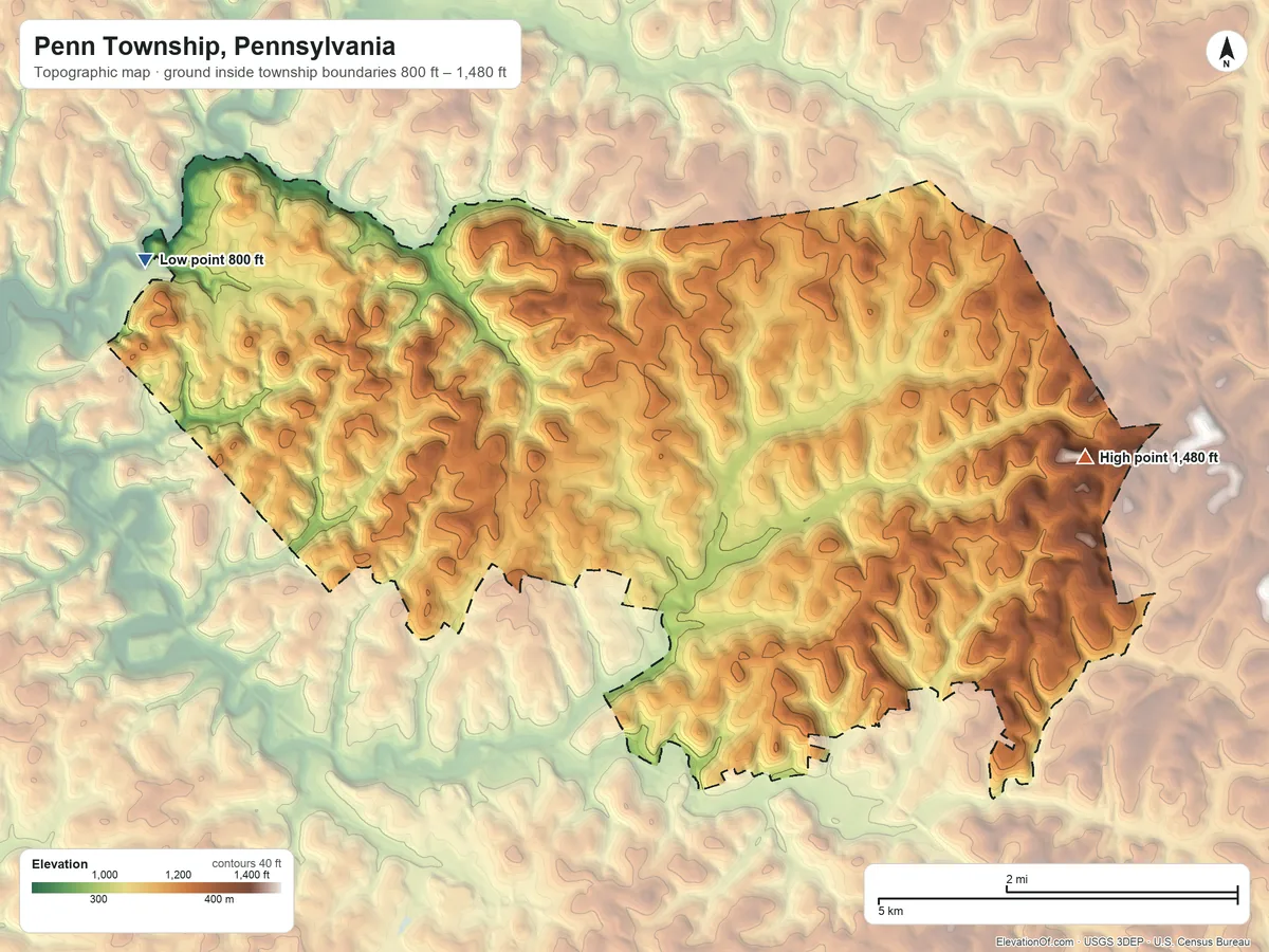 Topographic elevation map of Penn Township, Pennsylvania, shaded from 800 ft on the northwest side to 1,480 ft on the east side