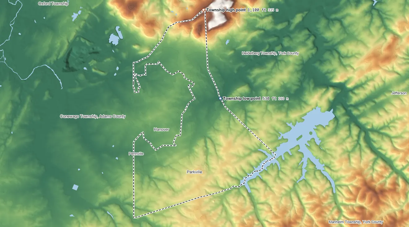 Topographic elevation map of Penn Township, York County, Pennsylvania, shaded from 530 ft on the northeast side to 1,100 ft on the north side