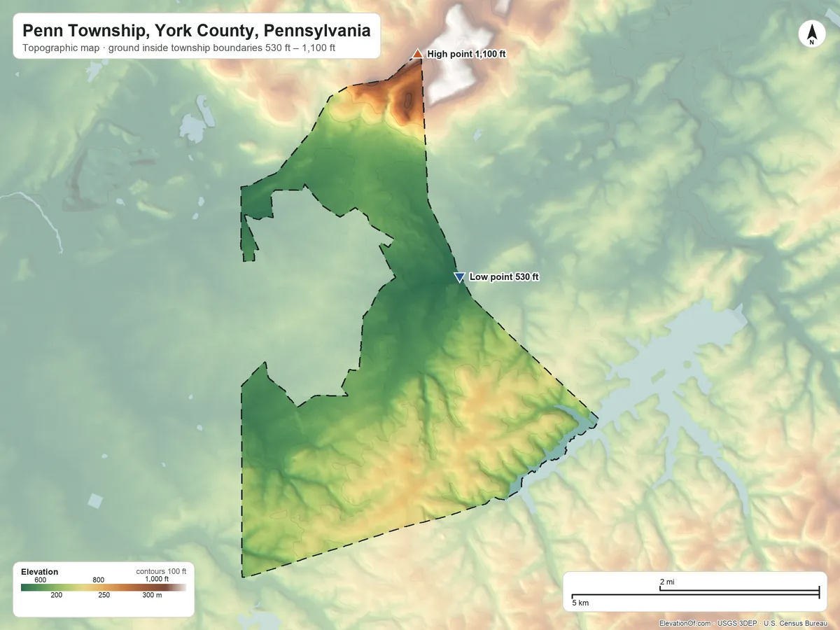 Topographic elevation map of Penn Township, York County, Pennsylvania, shaded from 530 ft on the northeast side to 1,100 ft on the north side