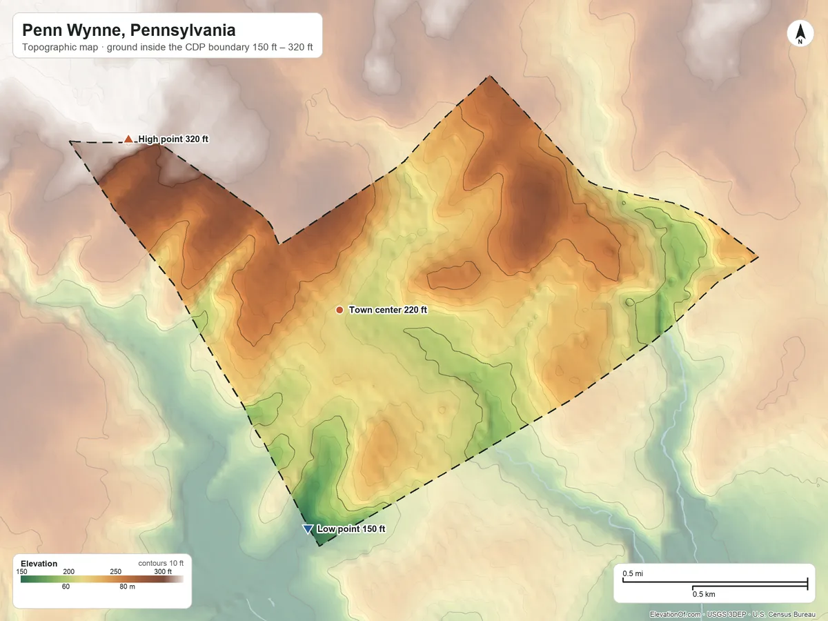 Topographic elevation map of Penn Wynne, Pennsylvania, shaded from 150 ft on the south side to 320 ft on the northwest side