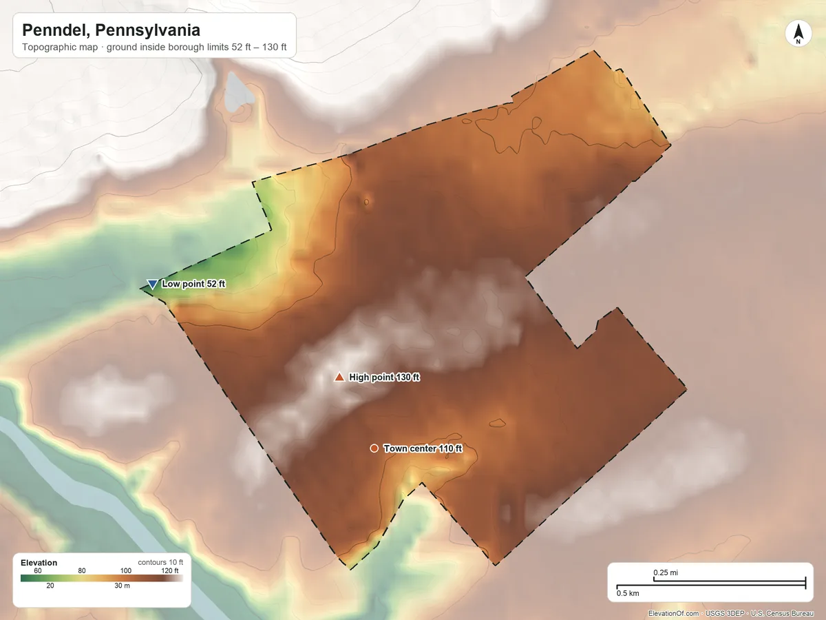 Topographic elevation map of Penndel, Pennsylvania, shaded from 52 ft on the northwest side to 130 ft on the northwest side