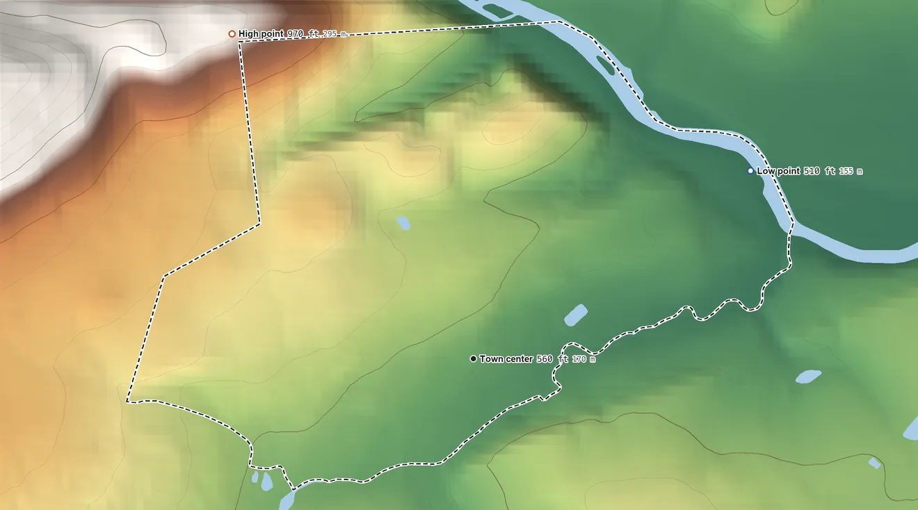 Topographic elevation map of Penns Creek, Pennsylvania, shaded from 510 ft on the northeast side to 970 ft on the northwest edge, below higher ground just outside