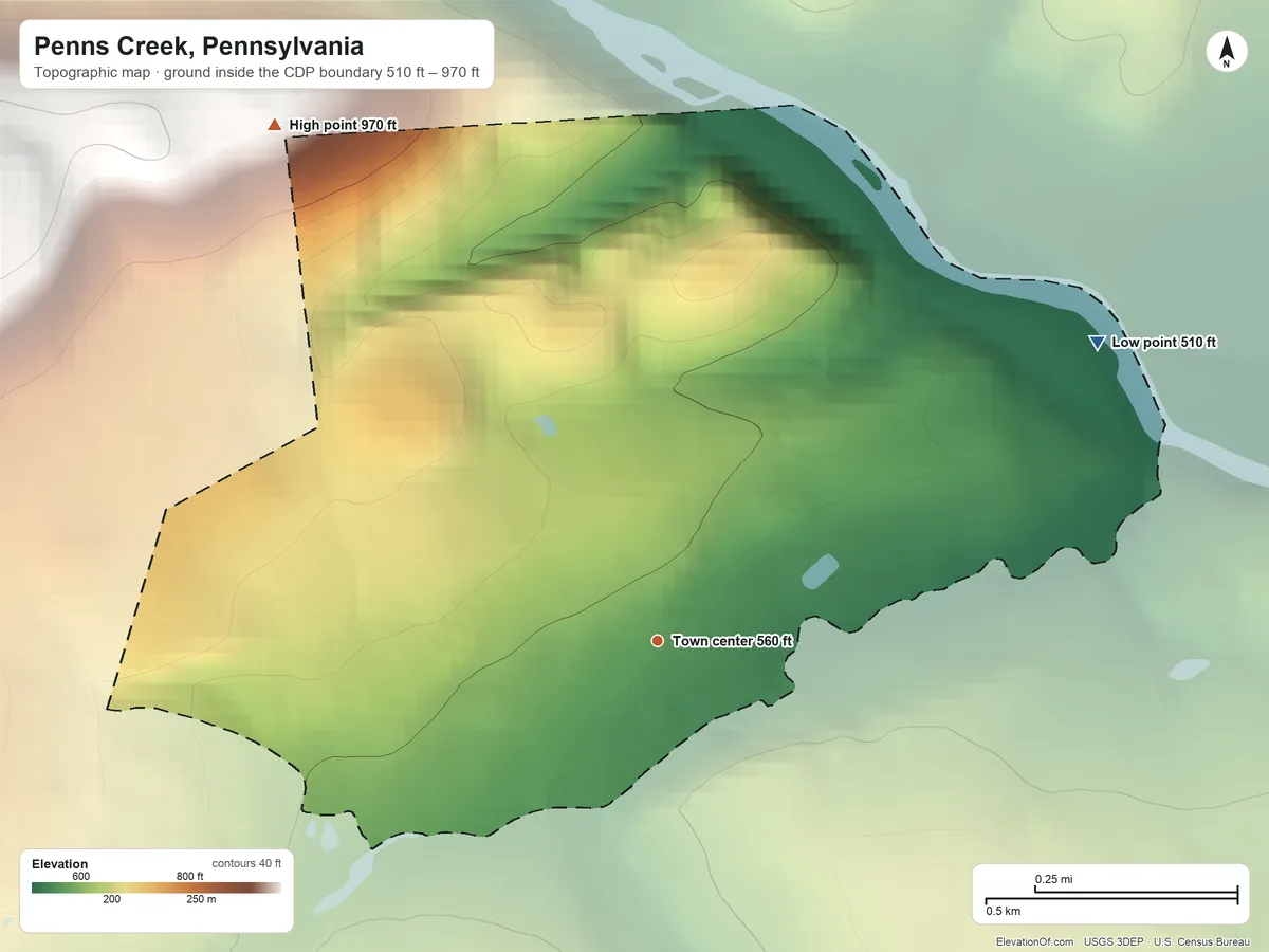 Topographic elevation map of Penns Creek, Pennsylvania, shaded from 510 ft on the northeast side to 970 ft on the northwest edge, below higher ground just outside