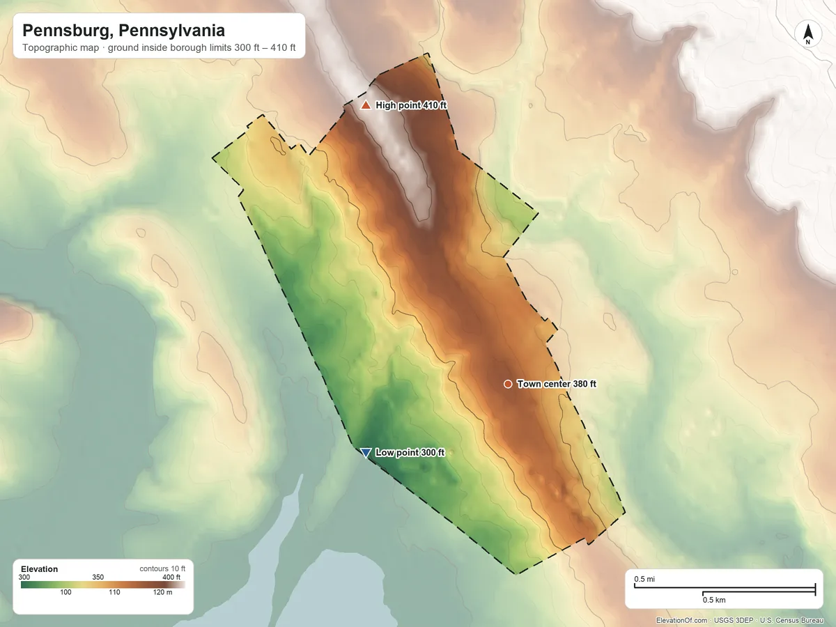 Topographic elevation map of Pennsburg, Pennsylvania, shaded from 300 ft on the southwest side to 410 ft on the northwest side