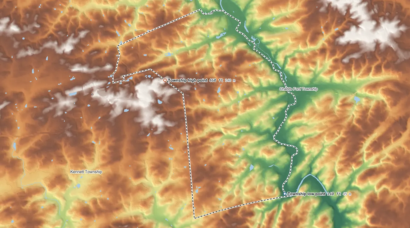 Topographic elevation map of Pennsbury Township, Pennsylvania, shaded from 140 ft on the southeast side to 460 ft on the west side