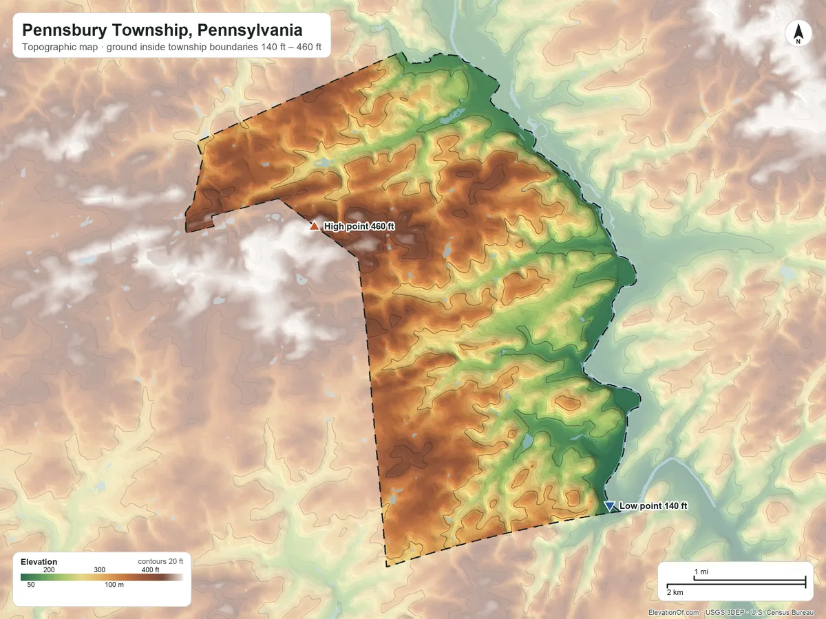 Topographic elevation map of Pennsbury Township, Pennsylvania, shaded from 140 ft on the southeast side to 460 ft on the west side