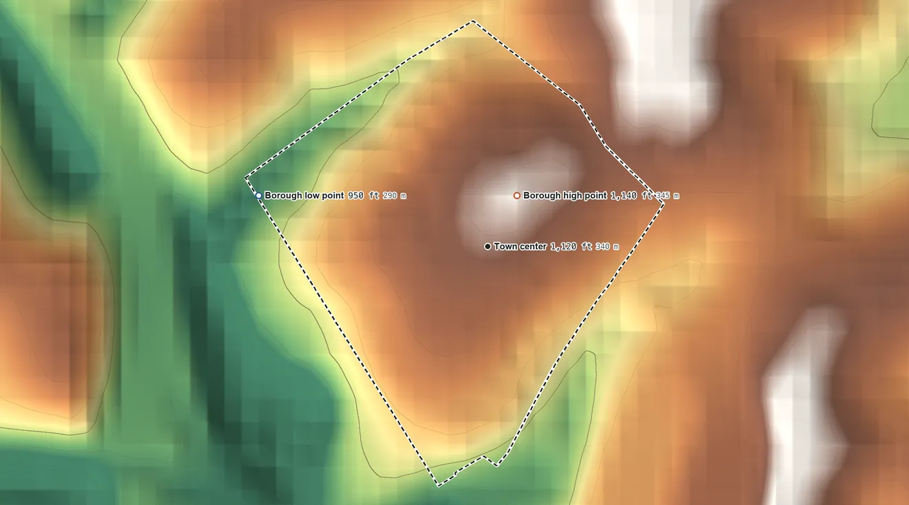 Topographic elevation map of Pennsbury Village, Pennsylvania, shaded from 950 ft on the west side to 1,140 ft near the middle