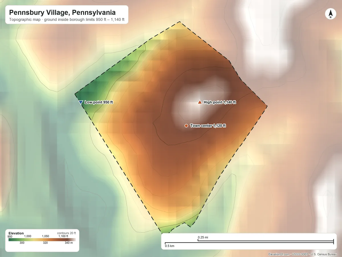 Topographic elevation map of Pennsbury Village, Pennsylvania, shaded from 950 ft on the west side to 1,140 ft near the middle