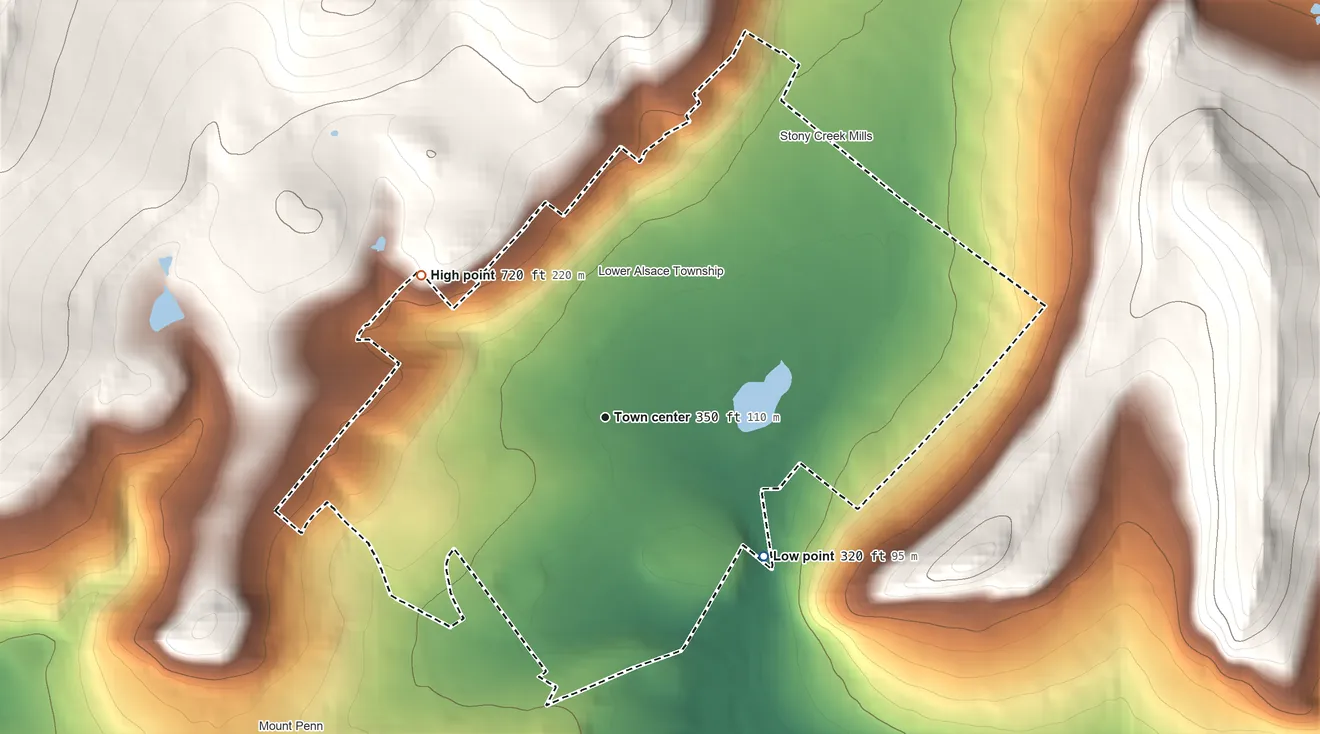 Topographic elevation map of Pennside, Pennsylvania, shaded from 320 ft on the southeast side to 720 ft on the northwest edge, below higher ground just outside