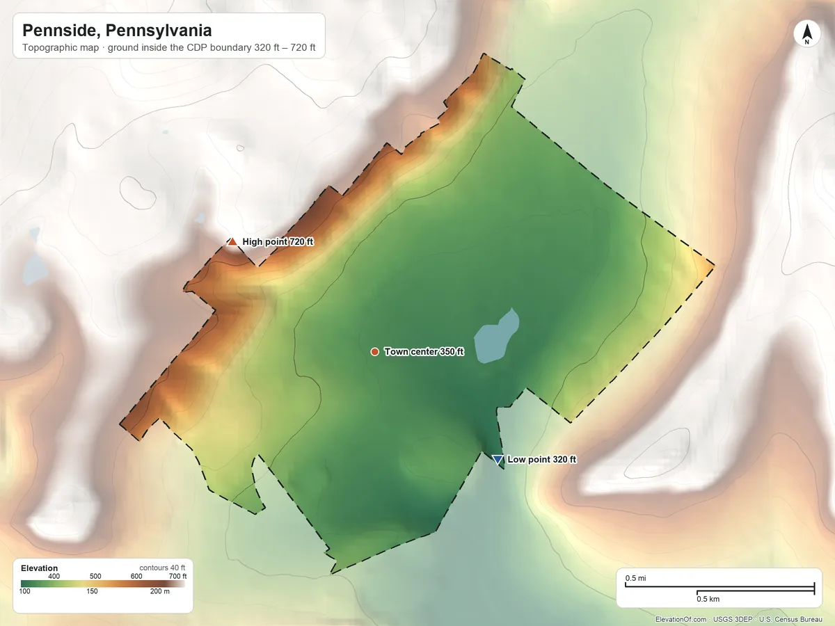 Topographic elevation map of Pennside, Pennsylvania, shaded from 320 ft on the southeast side to 720 ft on the northwest edge, below higher ground just outside