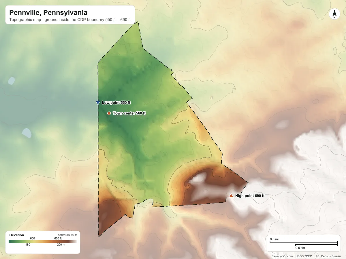 Topographic elevation map of Pennville, Pennsylvania, shaded from 550 ft near the middle to 690 ft on the southeast side