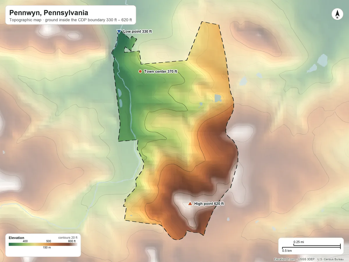 Topographic elevation map of Pennwyn, Pennsylvania, shaded from 330 ft on the northwest side to 620 ft at the foot of the South Mountain