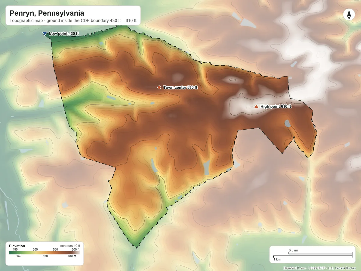 Topographic elevation map of Penryn, Pennsylvania, shaded from 430 ft on the northwest side to 610 ft on the east side