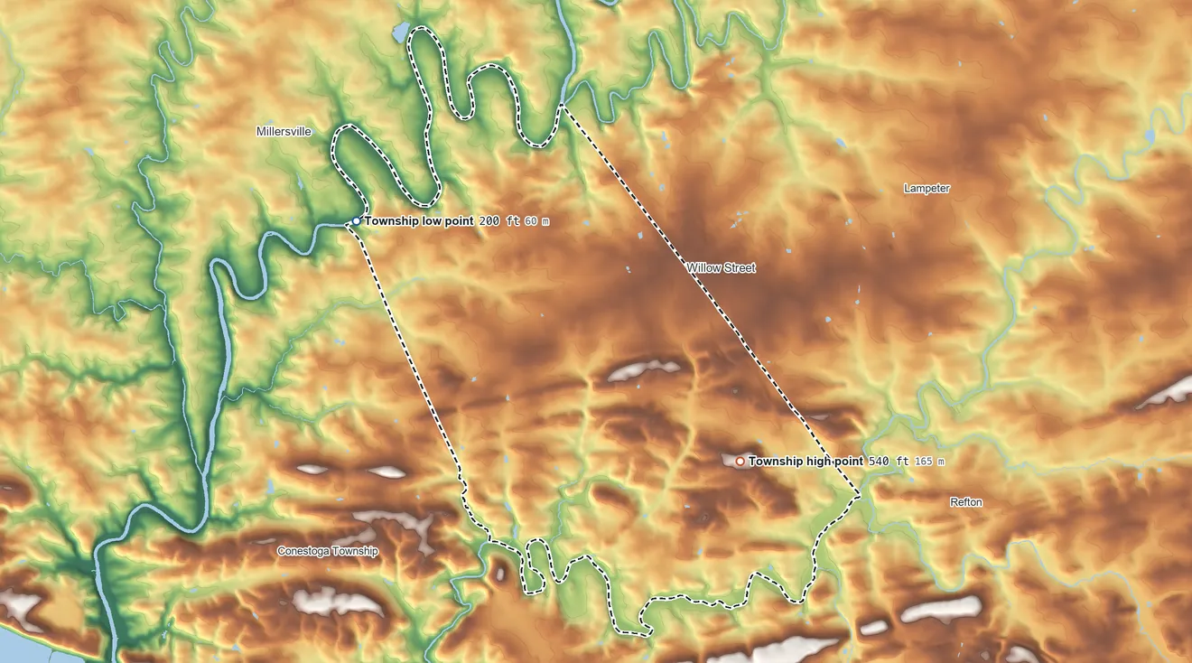 Topographic elevation map of Pequea Township, Pennsylvania, shaded from 200 ft on the northwest side to 540 ft on the southeast side